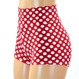 Red and white polkadot high waisted spandex shorts